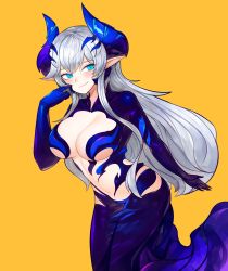 Rule 34 | + +, 1girl, 3gs, absurdres, adjusting hair, blue gloves, breasts, center opening, character name, cleavage, closed mouth, demon girl, demon horns, elbow gloves, elsword, gloves, hand up, highres, horns, iblis (elsword), large breasts, leaning forward, long hair, looking at viewer, luciela r. sourcream, navel, orange background, pointy ears, revealing clothes, silver hair, simple background, smile, solo, standing, very long hair