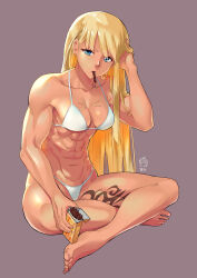 Rule 34 | 1girl, abs, arms up, becky montanari, bikini, blonde hair, blue eyes, breasts, cleavage cutout, clothing cutout, crossed legs, dark-skinned female, dark skin, duplicate, eating, food, ge xi, hand on own leg, highres, holding, holding food, holding pocky, large breasts, leg tattoo, long hair, looking at viewer, muscular, muscular female, original, pixel-perfect duplicate, pocky, scar, scar on breasts, swimsuit, tattoo, toes, witch, witches in 7th base