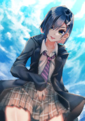 Rule 34 | 10s, 1girl, backlighting, blouse, blue hair, bob cut, bright pupils, collared shirt, cowboy shot, darling in the franxx, day, diagonal-striped clothes, from below, green eyes, hair ornament, hair over one eye, hairclip, highres, ichigo (darling in the franxx), jacket, looking at viewer, miniskirt, necktie, outdoors, pleated skirt, school uniform, shirt, short hair, skirt, sky, solo, standing, striped clothes, striped necktie, swept bangs, tongue, tongue out, white shirt