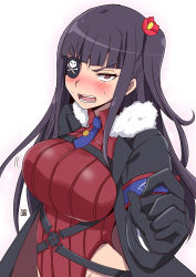 Rule 34 | 10s, 1girl, angry, aoi manabu, armband, black gloves, black hair, blunt bangs, blush, breasts, coat, eyepatch, female focus, flower, foreshortening, full-face blush, fur trim, gloves, groin, hair flower, hair ornament, highleg, large breasts, leotard, long hair, long image, looking at viewer, necktie, open mouth, outline, outstretched arm, plamja-sama, red eyes, red leotard, red shirt, sekai seifuku: bouryaku no zvezda, shikabane itsuka, shirt, side ponytail, simple background, skull and crossbones, solo, standing, striped clothes, striped shirt, tall image, teeth, text focus, upper body, vertical stripes, white background