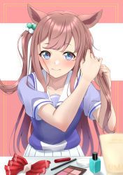 Rule 34 | 1girl, adjusting hair, agnes digital (umamusume), animal ears, blue eyes, blush, closed mouth, commentary request, highres, horse ears, horse girl, looking at viewer, makeup, pink hair, ribbon, school uniform, serafuku, simple background, solo, tracen school uniform, two side up, umamusume, uniform, yoshiki 3821