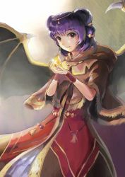 Rule 34 | 1girl, absurdres, bead necklace, beads, bracelet, brown capelet, brown coat, capelet, circlet, closed mouth, coat, crystal, dragon girl, dragon wings, dragonstone, dress, fire emblem, fire emblem: the sacred stones, fire emblem heroes, fringe trim, gem, gold trim, green wings, hair ornament, hair tie, hands up, highres, hood, jewelry, light smile, long hair, looking at viewer, multi-tied hair, multicolored clothes, multicolored coat, myrrh (fire emblem), necklace, nintendo, official alternate costume, pale skin, purple hair, red coat, red eyes, smile, solo, standing, stone, th7525, twintails, upper body, white dress, wings, wristband, yellow wings