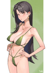 Rule 34 | 1girl, artist name, bikini, black hair, breasts, cleavage, covered erect nipples, cowboy shot, earrings, fushe, hands on own hips, highres, jewelry, large breasts, long hair, looking at viewer, navel, original, parted bangs, solo, standing, swimsuit