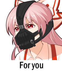 Rule 34 | 1girl, 4chan, bane, bane (cosplay), baneposting, batman (series), bow, chinese commentary, commentary request, cosplay, dc comics, english text, fujiwara no mokou, hair between eyes, hair bow, jokanhiyou, long hair, mask, meme, parody, pink hair, portrait, red eyes, shirt, simple background, solo, suspenders, the dark knight rises, touhou, very long hair, white background, white bow, white shirt