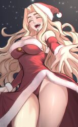 Rule 34 | 1girl, alternate costume, bare shoulders, bell, blonde hair, breasts, chin piercing, christmas, closed eyes, collarbone, commentary, detached sleeves, dress, english commentary, fate/grand order, fate (series), fingernails, green nails, hat, highres, jingle bell, large breasts, long hair, nail polish, night, night sky, outstretched hand, panties, pantyshot, quetzalcoatl (fate), red dress, red hat, red panties, red sleeves, santa costume, santa dress, santa hat, sharp fingernails, sharp teeth, sky, solo, strapless, strapless dress, teeth, thick eyebrows, thick eyelashes, thighs, underwear, very long hair, wavy hair, zantyarz