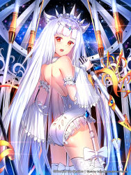 Rule 34 | 1girl, ass, bare shoulders, blunt bangs, character request, cowboy shot, crown, detached sleeves, eternal wars, garter straps, glint, highres, leotard, long hair, looking at viewer, official art, red eyes, sky, solo, standing, star (sky), starry sky, sysen, tagme, thighhighs, very long hair, watermark, web address, white hair, white thighhighs