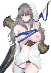 Rule 34 | 1girl, absurdres, arm behind head, azur lane, bare shoulders, blu (1712), blue ribbon, breasts, corset, detached sleeves, diamond (shape), female pubic hair, grey hair, hair ornament, highres, holding, holding polearm, holding weapon, large breasts, light blush, long hair, nipples, polearm, polearm behind back, pubic hair, red eyes, ribbon, saint-louis (azur lane), teeth, thighhighs, torn clothes, weapon, white corset, white thighhighs