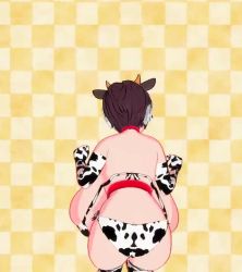Rule 34 | 1girl, 20s, 3d, animal ears, animal print, animated, ass, back, backboob, bandai, bell, belt, bikini, bouncing breasts, breasts, brown eyes, brown hair, bursting breasts, checkered background, cleavage, collar, cow ears, cow horns, cow print, cow print bikini, cow print gloves, cow tail, cowbell, elbow gloves, female focus, gloves, happy, harimau mmd2, headset, horns, huge ass, huge breasts, idolmaster, idolmaster cinderella girls, jumping, looking at viewer, looping animation, matching hair/eyes, midriff, mikumikudance (medium), multicolored background, multiple views, namco, navel, neck bell, oikawa shizuku, open mouth, plump, print bikini, print gloves, short hair, side-tie bikini bottom, skindentation, smile, spinning, swimsuit, swinging, tail, thick thighs, thighhighs, thighs, video, wide hips, yellow background
