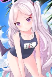 Rule 34 | 1girl, bent over, blue archive, blue one-piece swimsuit, blue sky, blurry, cloud, cloudy sky, collarbone, commentary, demon girl, demon horns, demon wings, depth of field, enru, hair ornament, hairclip, halo, highres, hina (blue archive), hina (swimsuit) (blue archive), horizon, horns, long hair, looking at viewer, ocean, official alternate costume, old school swimsuit, one-piece swimsuit, one side up, parted bangs, purple hair, school swimsuit, sidelocks, sky, sleeveless, solo, swimsuit, translation request, wet, wet clothes, wet swimsuit, whistle, whistle around neck, white hair, wings