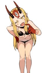 Rule 34 | 1girl, bent over, bikini, black bikini, blonde hair, breasts, ddari, facial mark, fang, fate/grand order, fate (series), feet out of frame, fingernails, forehead mark, head tilt, highres, horns, ibaraki douji (fate), ibaraki douji (fate/grand order), ibaraki douji (swimsuit lancer) (fate), ibaraki douji (swimsuit lancer) (first ascension) (fate), long hair, looking at viewer, navel, oni, oni horns, open mouth, pointy ears, sharp fingernails, short eyebrows, simple background, skin fang, small breasts, smile, solo, swimsuit, tattoo, thigh gap, white background, yellow eyes