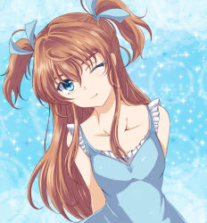 Rule 34 | 10s, 1girl, arms behind back, bare shoulders, blue background, blue dress, blue eyes, brown hair, casual, dress, eyelashes, head tilt, houjou hibiki, light smile, long hair, momochink, one eye closed, precure, sleeveless, solo, sparkle, suite precure, twintails, two side up, upper body, wink