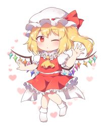 Rule 34 | 1girl, ascot, blonde hair, blush, bobby socks, bow, chibi, crystal, flandre scarlet, frilled skirt, frills, hair between eyes, hand up, hat, hat bow, heart, highres, kaoling, long hair, looking at viewer, mob cap, no shoes, one eye closed, one side up, parted lips, puffy short sleeves, puffy sleeves, red bow, red eyes, red skirt, red vest, shirt, short sleeves, simple background, skirt, socks, solo, standing, standing on one leg, touhou, vest, white background, white hat, white shirt, white socks, wings, yellow ascot