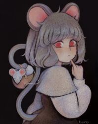 Rule 34 | 1girl, absurdres, animal ears, artist name, basket, black background, closed mouth, dress, grey hair, hanging, highres, mouse (animal), mouse ears, mouse girl, nazrin, red eyes, short hair, solo, svveetberry, tail, touhou
