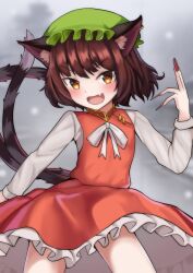 Rule 34 | 1girl, absurdres, animal ears, brown eyes, brown hair, cat ears, cat tail, chen, dress, earrings, fang, fingernails, frilled dress, frills, green hat, hat, highres, jewelry, long fingernails, long sleeves, mob cap, multiple tails, nail polish, open mouth, red dress, red nails, sakabatta, sharp fingernails, shirt, short hair, single earring, skin fang, smile, solo, tail, touhou, two tails, white shirt
