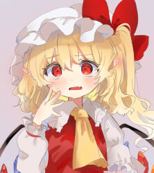 Rule 34 | 1girl, ascot, bat wings, blonde hair, crystal, flandre scarlet, hand on own face, hat, hat ribbon, highres, mob cap, multicolored wings, one side up, open mouth, puffy short sleeves, puffy sleeves, ramochi, red eyes, red vest, ribbon, short sleeves, side ponytail, teeth, touhou, upper body, vest, white background, white hat, wings, yellow ascot