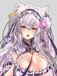 1girl animal_ear_fluff animal_ears blush breasts cleavage flower frills grey_background grey_hair hair_flower hair_ornament hand_on_own_chest huge_breasts indie_virtual_youtuber japanese_clothes leash looking_at_viewer miyako_miyuri mole mole_under_eye open_mouth roko_(pe0e07) solo virtual_youtuber wolf_ears wolf_girl