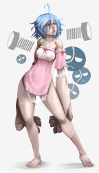 Rule 34 | 1girl, ahoge, bad deviantart id, bad id, bankage, bare shoulders, barefoot, blue hair, breasts, chemise, colored skin, contrapposto, detached sleeves, full body, grey skin, lips, monster girl, nose, original, oversized forearms, oversized limbs, red eyes, rosalind (bankage), see-through, small breasts, solo, standing, toes, zombie