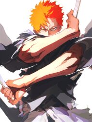 Rule 34 | 1boy, black kimono, bleach, bleach: sennen kessen-hen, covered mouth, dual wielding, fighting stance, floating clothes, holding, holding sword, holding weapon, japanese clothes, kimono, kurosaki ichigo, long sleeves, looking at viewer, orange eyes, orange hair, panyasan 777, serious, short hair, simple background, solo, spiked hair, straight-on, sword, upper body, v-shaped eyebrows, weapon, white background, wide sleeves