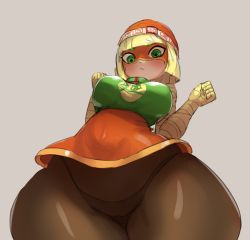 Rule 34 | 1girl, arms (game), beanie, blonde hair, blush, breasts, covered navel, cowboy shot, from below, green eyes, grey background, hands up, hat, highres, large breasts, leggings, looking at viewer, looking down, martin (tuxedopato), min min (arms), nintendo, pantylines, short hair, solo, standing, thick thighs, thigh gap, thighs, triangle mouth, upskirt, wide hips