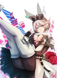 Rule 34 | 1girl, ahoge, animal ears, aqua eyes, arc system works, ass, bare shoulders, blush, boots, bouquet, breasts, collar, covered erect nipples, dress, elphelt valentine, fingerless gloves, flower, gloves, guilty gear, guilty gear xrd, guilty gear xrd: revelator, highres, large breasts, looking at viewer, okato, pantyhose, rabbit ears, short hair, silver hair, smile, solo, spiked collar, spikes, thigh boots, thighhighs