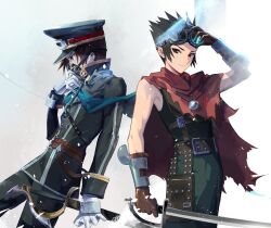 Rule 34 | 1boy, alec (arc the lad), arc the lad, arc the lad iii, brown gloves, brown hair, cape, closed mouth, cofffee, dual persona, gas mask, gloves, hat, looking at viewer, male focus, mask, military uniform, red eyes, short hair, simple background, smile, solo, sword, uniform, weapon, white background