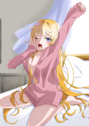 Rule 34 | 1girl, absurdres, arm up, bare legs, barefoot, bed, bed sheet, blonde hair, blue eyes, blush, breasts, collarbone, curtains, cushion, hand to own mouth, highres, hood, hood down, hoodie, indoors, jacket, long hair, looking at viewer, medium breasts, no bra, one eye closed, open mouth, original, partially unzipped, pink hoodie, pink jacket, sitting, solo, stretching, tsukishima eto, very long hair, waking up, wariza, yawning