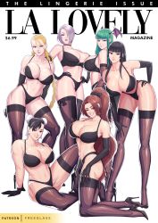 Rule 34 | 6+girls, absurdres, ass, black bra, black footwear, black gloves, black hair, black panties, black thighhighs, blonde hair, blue eyes, bow, bra, breasts, brown eyes, brown hair, bun cover, cammy white, capcom, choker, chun-li, cleavage, cover, crossover, dead or alive, demon girl, double bun, earrings, elbow gloves, fake magazine cover, female focus, freeglass, full body, gloves, green eyes, green hair, hair bun, hair over one eye, head wings, high heels, highres, hime cut, huge breasts, isabella valentine, jewelry, kneeling, large breasts, lingerie, lipstick, long hair, looking at viewer, magazine cover, makeup, mole, mole under mouth, morrigan aensland, multiple girls, navel, nyotengu, one eye closed, panties, pantyhose, patreon username, ponytail, purple hair, purple lips, shiranui mai, short hair, sitting, smile, soul calibur, standing, stomach, street fighter, the king of fighters, thighhighs, twintails, underwear, underwear only, vampire (game), very long hair, white hair, wings, wink
