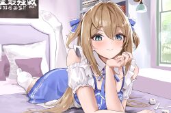 Rule 34 | 1girl, absurdres, arm support, blue dress, blue eyes, blue ribbon, blush, bocchi (kuropom7), brown hair, closed mouth, clover print, commentary request, commission, convenient arm, day, detached collar, detached sleeves, double-parted bangs, dress, eyelashes, foot up, foreshortening, frilled ribbon, frills, glint, hair between eyes, hair intakes, hair ornament, hair ribbon, hair spread out, hand up, heart, heart-shaped pupils, heart hair ornament, highres, holding, holding mahjong tile, indie virtual youtuber, indoors, long hair, looking at viewer, lying, mahjong, mahjong tile, neck ribbon, no shoes, okita noyome, on stomach, pillow, ribbon, short sleeves, sidelocks, skeb commission, sleeveless, sleeveless dress, smile, solo, split mouth, symbol-shaped pupils, the pose, thighhighs, tsurime, two side up, virtual youtuber, white sleeves, white thighhighs, window, zettai ryouiki