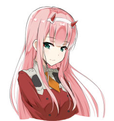 Rule 34 | 10s, 1girl, arms at sides, bad id, bad pixiv id, blush, closed mouth, commentary request, darling in the franxx, green eyes, horns, jacket, kohakope, long hair, looking at viewer, necktie, orange necktie, pink hair, red jacket, short necktie, simple background, smile, solo, very long hair, white background, zero two (darling in the franxx)