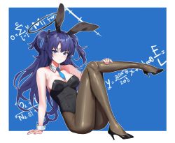 Rule 34 | 1girl, animal ears, arm support, armpit crease, bad id, bad pixiv id, bare arms, bare shoulders, black footwear, black leotard, blue archive, breasts, brown pantyhose, closed mouth, detached collar, expressionless, fake animal ears, hair ornament, high heels, highleg, highleg leotard, highres, knees up, leg up, legs, leotard, long hair, looking at viewer, medium breasts, necktie, nogong, pantyhose, playboy bunny, purple eyes, purple hair, rabbit ears, short necktie, sitting, solo, strapless, strapless leotard, thighs, two side up, wrist cuffs, yuuka (blue archive)