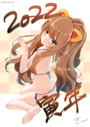Rule 34 | 1girl, 2022, aisaka taiga, animal ears, bikini, brown eyes, brown hair, chinese zodiac, closed mouth, commentary request, dated, from side, hands up, highres, light blush, long hair, looking at viewer, looking back, mimeowho, multicolored background, panties, sitting, solo, swimsuit, tiger ears, toradora!, translation request, twitter username, underwear, white background, white bikini, white panties, year of the tiger