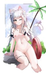 Rule 34 | ;q, absurdres, animal ear fluff, animal ears, arknights, breasts, cai ling, cat ears, cat girl, cat tail, cleft of venus, cloud, cloudy sky, cropped legs, day, feet out of frame, flower, green eyes, grey hair, hair flower, hair ornament, hairclip, hand up, highres, infection monitor (arknights), innertube, looking at viewer, navel, nipples, nude, one eye closed, outdoors, palm tree, pussy, rock, rosmontis (arknights), sitting, sky, small breasts, smile, swim ring, tail, tongue, tongue out, tree, white flower