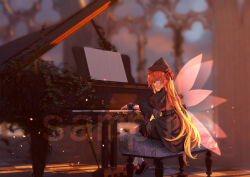 Rule 34 | 1girl, black dress, black hat, blonde hair, bow, capelet, dress, fairy wings, furahata gen, grand piano, hat, hat bow, instrument, lily black, lily white, long hair, looking at viewer, music, overgrown, piano, plant, playing instrument, red bow, red footwear, sample watermark, sheet music, smile, socks, solo, touhou, turning around, very long hair, vines, watermark, white socks, wide shot, wings, wrist cuffs, yellow eyes
