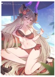 Rule 34 | 1girl, absurdres, bare shoulders, beach, beach umbrella, bikini, blonde hair, blue sky, blush, breasts, cloud, cloudy sky, collarbone, day, earrings, fingernails, flower, food, full body, granblue fantasy, hair flower, hair ornament, hibiscus, highres, holding, holding food, horns, jewelry, large breasts, long hair, looking at viewer, navel, outdoors, parted lips, popsicle, red bikini, red eyes, sandals, simple background, sitting, sky, smile, solo, stomach, swimsuit, thighs, threo (eternal&#039;s summer vacation) (granblue fantasy), threo (granblue fantasy), umbrella, yellowpaint.