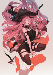 Rule 34 | 1girl, absurdres, arm strap, bandaged arm, bandages, bare shoulders, black nails, black skirt, black tank top, black thighhighs, boots, collar, commentary, fang, fingernails, garter straps, halloween, hand up, hat, highres, lm7 (op-center), long hair, looking at viewer, miniskirt, nail polish, open mouth, original, pink hair, red eyes, sketch, skirt, sleeveless, solo, tank top, thighhighs, very long hair, white footwear, witch hat