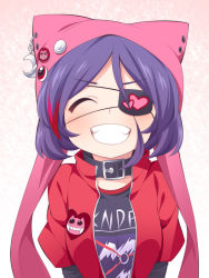 Rule 34 | 1girl, ^ ^, animal ears, animal hat, bad id, bad pixiv id, belt buckle, belt collar, black collar, black shirt, blush, breasts, buckle, cat ears, cat hat, closed eyes, clothes writing, collar, commentary request, crescent moon, eyepatch, facing viewer, grin, hat, hayasaka mirei, heart, heart print, idolmaster, idolmaster cinderella girls, jacket, layered sleeves, long sleeves, moon, moon (ornament), multicolored hair, open clothes, open jacket, pin, print eyepatch, purple hair, red hair, red jacket, shirt, short hair, short over long sleeves, short sleeves, small breasts, smile, solo, streaked hair, uccow, v-shaped eyebrows