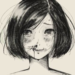 Rule 34 | 1girl, blood, blood on face, blush, bob cut, close-up, closed mouth, commentary, crosshatching, dripping, hair strand, hatching (texture), highres, injury, light smile, lips, messy hair, monochrome, nosebleed, original, oshizu, portrait, raised eyebrows, scrape, sepia background, short hair, simple background, smile, solo, swept bangs, tearing up, tears