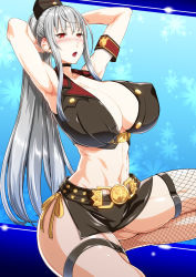 Rule 34 | 1girl, ass, bare shoulders, blush, breasts, cleavage, covered erect nipples, ebido, fishnet thighhighs, fishnets, highres, huge breasts, long hair, military, military uniform, navel, open mouth, ponytail, red eyes, selvaria bles, senjou no valkyria, senjou no valkyria (series), senjou no valkyria 1, silver hair, solo, swimsuit, thighhighs, uniform, very long hair, wide hips