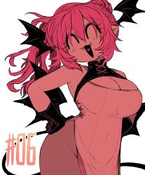 Rule 34 | 1girl, ^ ^, ^o^, bat wings, black wings, breasts, chapter number, cleavage, cleavage cutout, closed eyes, clothing cutout, dress, fangs, fangs out, head wings, highres, large breasts, pantyhose, pink eyes, pink hair, solo, sumire (yakunitatsu node chi o kudasai), vampire, vietnamese dress, white dress, wings, yakunitatsu node chi o kudasai, zyugoya
