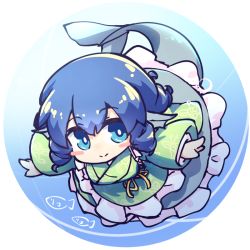 Rule 34 | 1girl, blue eyes, blue hair, bubble, closed mouth, fins, fish, full body, green kimono, head fins, isu (is88), japanese clothes, kimono, long sleeves, looking at viewer, looking to the side, mermaid, monster girl, short hair, sidelocks, smile, solo, touhou, wakasagihime