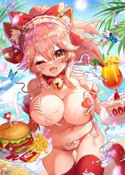 Rule 34 | 1girl, animal ear fluff, animal ears, animal hands, apple caramel, bell, bikini, blush, breasts, cat paws, character name, cleavage, collar, day, fang, fate/grand order, fate (series), fox ears, fox girl, gloves, hair ribbon, heart, highres, jingle bell, large breasts, long hair, looking at viewer, nature, neck bell, one eye closed, outdoors, paw gloves, pink hair, ponytail, red ribbon, ribbon, side-tie bikini bottom, skin fang, solo, swimsuit, tamamo (fate), tamamo cat (fate), untied bikini, yellow eyes