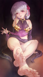 Rule 34 | 1girl, arm at side, aya shobon, bare shoulders, barefoot, breasts, clothes lift, covered collarbone, crossed ankles, detached sleeves, earrings, fate/grand order, fate (series), feet, foot focus, foreshortening, hair ribbon, halterneck, head tilt, highres, jewelry, kama (fate), kama (first ascension) (fate), looking at viewer, midriff, miniskirt, multiple rings, panties, parted lips, pink eyes, purple panties, ribbon, ring, short hair, silver hair, sitting, skirt, skirt lift, small breasts, soles, solo, sweat, toes, underwear