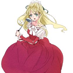 Rule 34 | 1girl, bad id, bad pixiv id, blonde hair, bow, claire bennett, dress, green eyes, half updo, ladle, long hair, maromi (am97), red dress, smile, solo, tales of (series), tales of rebirth, white background