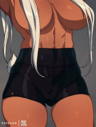 Rule 34 | 1girl, areola slip, armpits, arms up, artist name, bike shorts, black shorts, bluethebone, boku no hero academia, breasts, commentary, convenient censoring, cowboy shot, dark-skinned female, dark skin, english commentary, gluteal fold, grey hair, hair censor, hair over breasts, head out of frame, high-waist shorts, highres, large breasts, long hair, mirko, patreon username, retro artstyle, shorts, solo, thigh gap, thighs, toned, topless, very long hair