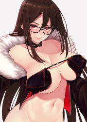 Rule 34 | 1girl, bare shoulders, black-framed eyewear, black dress, blush, breasts, brown hair, center opening, choker, cleavage, cocq taichou, collarbone, commentary, dress, earrings, fate/grand order, fate (series), fur-trimmed jacket, fur trim, glasses, jacket, jewelry, large breasts, long hair, long sleeves, looking at viewer, multiple earrings, navel, no panties, red eyes, revealing clothes, ribbon-trimmed dress, simple background, smile, solo, very long hair, white background, yu mei-ren (fate)