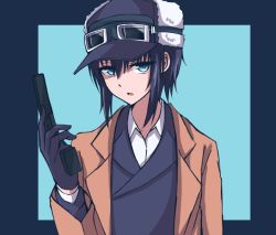 Rule 34 | 1girl, black gloves, black hair, black hat, blue eyes, brown coat, coat, colt 1851 navy, fur hat, gloves, goggles, goggles on headwear, gun, hair between eyes, hand up, handgun, hat, holding, holding gun, holding weapon, kino (kino no tabi), kino no tabi, kinohal95, long sleeves, open clothes, open coat, open mouth, revolver, short hair, solo, upper body, weapon