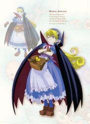 Rule 34 | 1girl, ;), artbook, blonde hair, blue dress, blue hat, brown footwear, cape, concept art, crossed arms, dress, fangs, full body, goggles, goggles on head, hat, marivel armitage, official art, one eye closed, pink eyes, pointy ears, puffy short sleeves, puffy sleeves, red ribbon, ribbon, sash, shoes, short sleeves, smile, tiptoes, vampire, wild arms, wild arms 2