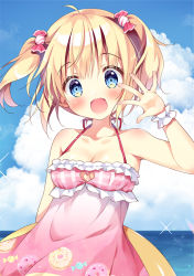Rule 34 | 1girl, :d, ahoge, bare shoulders, blonde hair, blue eyes, blue sky, blush, breasts, candy hair ornament, cleavage, cleavage cutout, clothing cutout, cloud, cloudy sky, collarbone, commentary request, day, dress, food-themed hair ornament, hair between eyes, hair ornament, halterneck, hand up, horizon, innertube, looking at viewer, medium breasts, ocean, open mouth, original, outdoors, pan (mimi), pink dress, plaid, sky, sleeveless, sleeveless dress, smile, solo, sparkle, swim ring, ten-chan (pan (mimi)), twintails, water, wrist cuffs