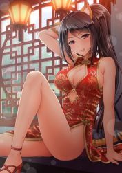 Rule 34 | 1girl, :p, animal ears, black hair, blush, breasts, china dress, chinese clothes, cleavage, cleavage cutout, clothing cutout, dress, high heels, knee up, lamp, large breasts, long hair, looking at viewer, original, ponytail, red dress, red eyes, side slit, sideboob, sitting, sleeveless, sleeveless dress, solo, tail, tiger ears, tiger tail, tongue, tongue out, youshuu