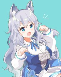 Rule 34 | 1girl, :o, animal ear fluff, animal ears, aqua background, blue eyes, blue skirt, breasts, commentary, commentary request, english commentary, fang, hair between eyes, hidejiu, highres, indie virtual youtuber, large breasts, long hair, looking at viewer, lumi (merryweather), open mouth, paw pose, sidelocks, simple background, skin fang, skirt, smile, solo, tail, very long hair, virtual youtuber, white hair, wolf ears, wolf girl, wolf tail